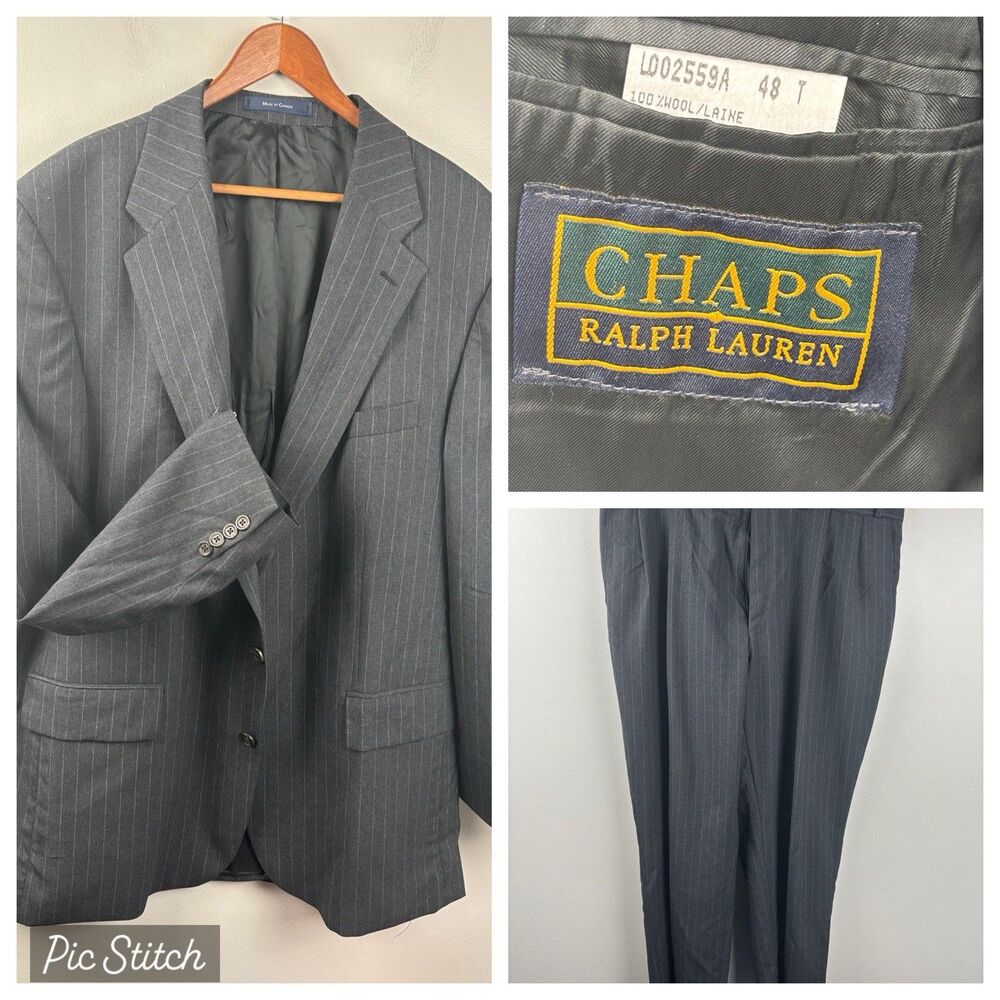 Vintage CHAPS Ralph Lauren Charcoal Gray Pin Striped 100% New Wool Suit 48T